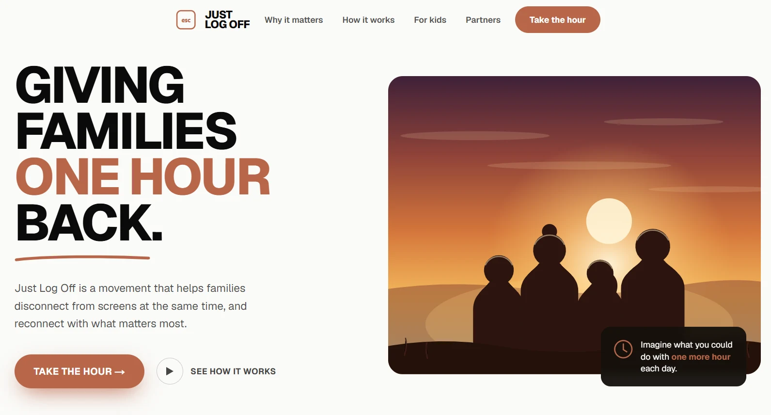 Just Log Off: Giving families one hour back, with an illustration of a family together at sunset.
